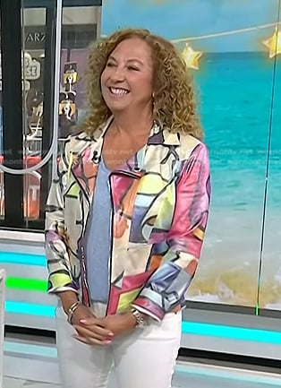 Laurie Schacht’s multicolor print moto jacket on Today