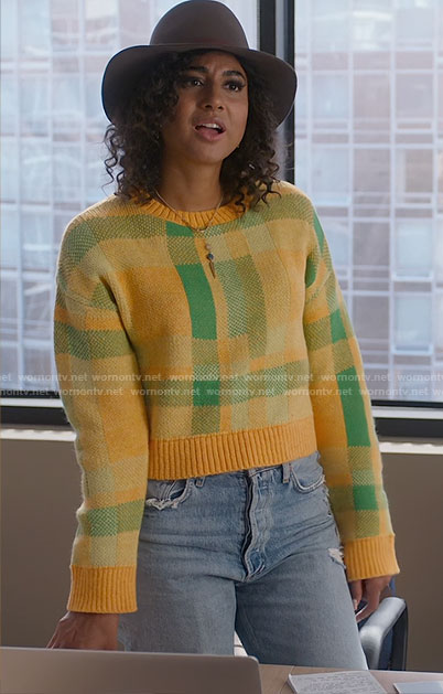 Leah's yellow and green checked sweater on So Help Me Todd