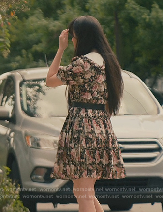 Lily's black floral print dress on Sweet Magnolias