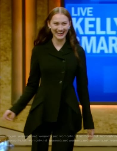 Lola Tung's black asymmetric jacket and pants on Live with Kelly and Mark