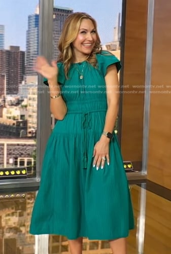 Lori's teal green smocked tie waist dress on Good Morning America