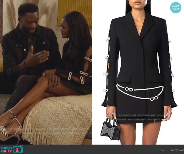 Mach and Mach Crystal & Faux Pearl-Embellished Blazer Minidress worn by Charity Lawson on The Bachelorette