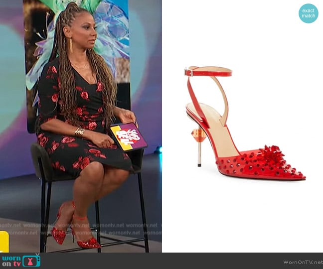 Mach & Mach Crystal embellished clear ankle strap pump worn by Holly Robinson on Access Hollywood