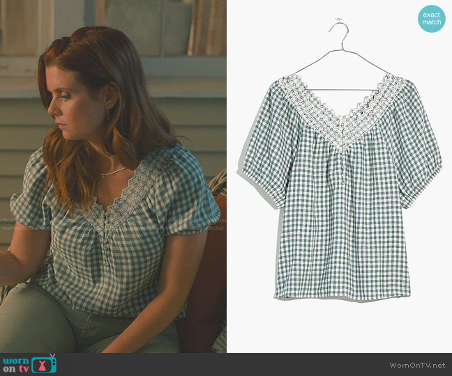 Madewell Embroidered Linen-Blend Swing Top in Gingham Check worn by Maddie Townsend (JoAnna Garcia Swisher) on Sweet Magnolias