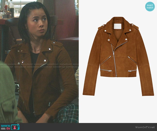 Maje Basalta Suede Moto Jacket worn by George Fan (Leah Lewis) on Nancy Drew