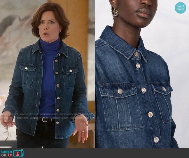 Maje Candy Velvet Bow Denim Shirt worn by Margaret Wright (Marcia Gay Harden) on So Help Me Todd