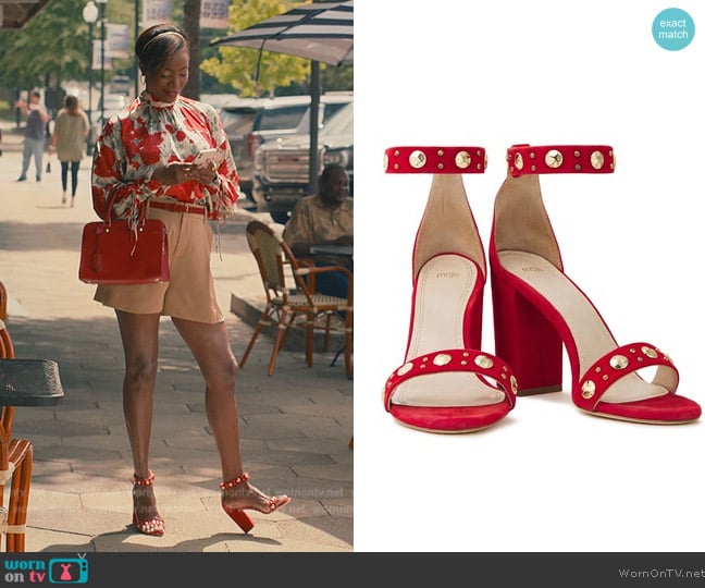 Maje Studded suede sandals worn by Helen Decatur (Heather Headley) on Sweet Magnolias