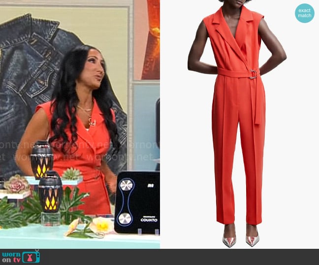 Mango Belted Wrap Jumpsuit in Coral Red worn by Elizabeth Werner on CBS Mornings