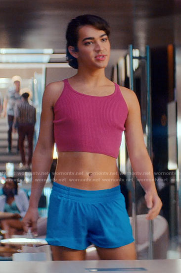 Marco's pink platform sneakers, blue shorts and pink crop top on Glamorous
