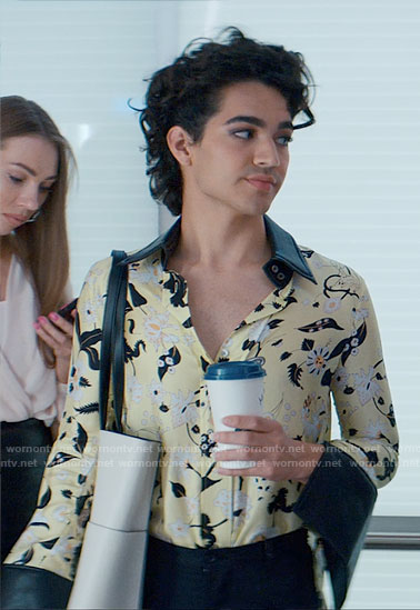 Marco's lime yellow floral blouse with leather collar on Glamorous
