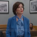 Margaret’s blue tie neck blouse and blue suit on So Help Me Todd