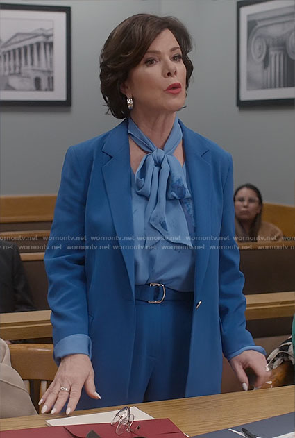 Margaret's blue tie neck blouse and blue suit on So Help Me Todd