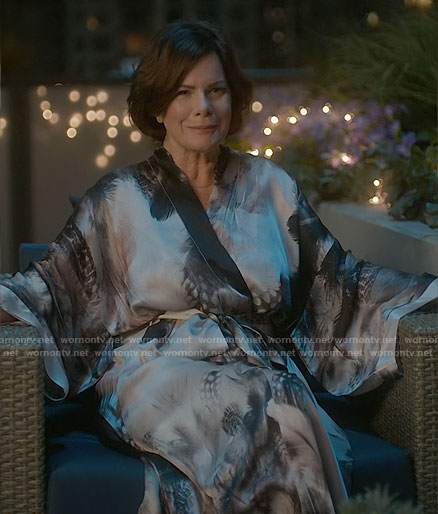 Margaret's feather print silk robe on So Help Me Todd