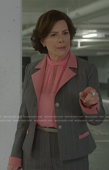 Margaret's grey pinstriped suit with pink trims on So Help Me Todd