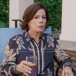 Margaret’s navy feather print blouse on So Help Me Todd