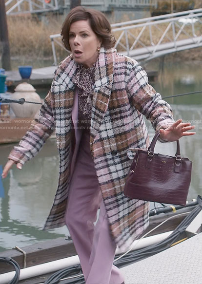 Margaret's plaid coat and burgundy bag on So Help Me Todd