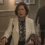 Margaret’s black and white printed blouse and tweed blazer on So Help Me Todd