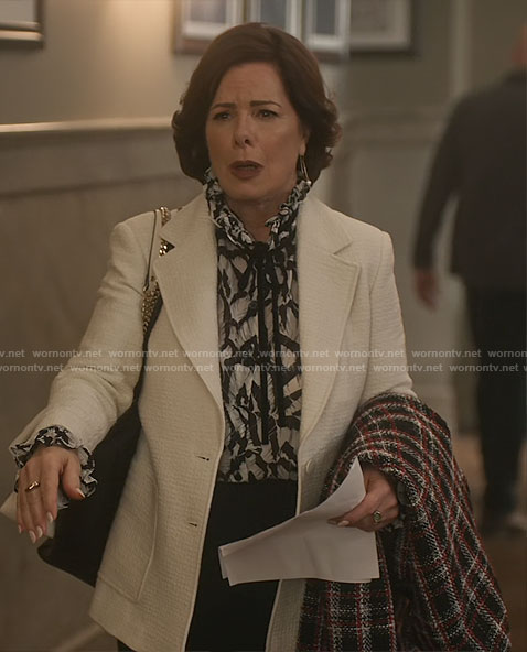 Margaret's black and white printed blouse and tweed blazer on So Help Me Todd