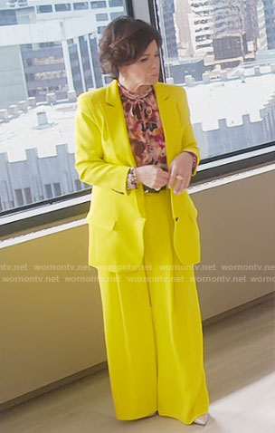 Margaret's neon yellow suit and printed blouse on So Help Me Todd