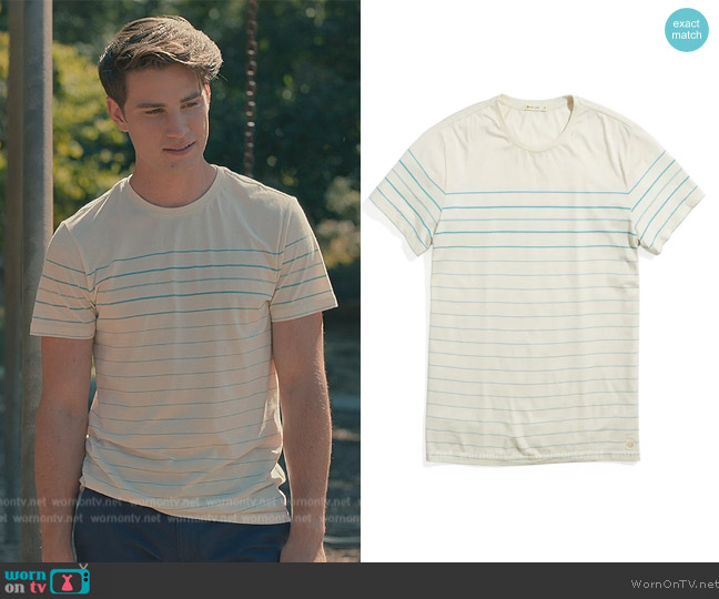 Marine Layer Signature Crew Tee in Blue Stripe worn by Carson Rowland (Carson Rowland) on Sweet Magnolias