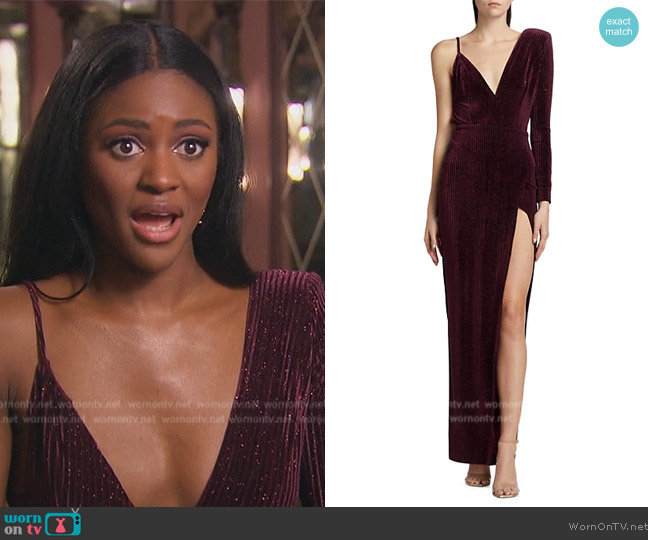 Michael Costello Collection Sean Velvet One-Shoulder Gown worn by Charity Lawson on The Bachelorette