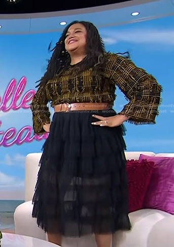 Michelle Buteau's black plaid sweater and tiered tulle skirt on Today
