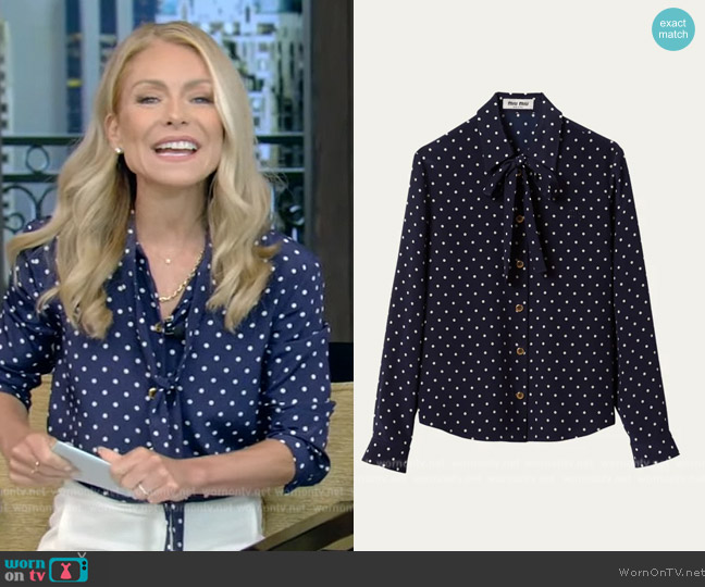 WornOnTV: Kelly’s blue polka dot tie neck blouse on Live with Kelly and ...