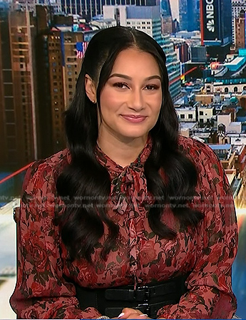 Morgan’s pink floral tie neck blouse on NBC News Daily