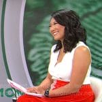 Nancy Chen’s pink and red pleated skirt on CBS Mornings