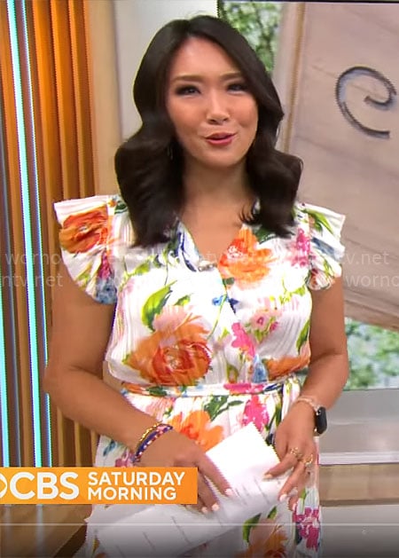 Nancy Chen’s white floral wrap dress on CBS Mornings