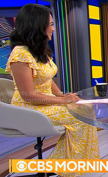 Nancy Chen's yellow printed v-neck dress on CBS Mornings