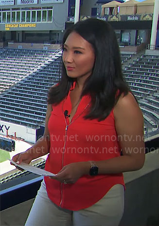 Nancy Chen's red zip front top on CBS Mornings