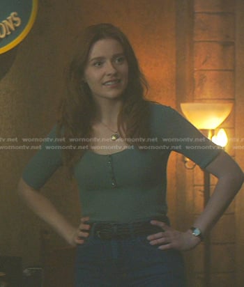 Nancy's green ribbed scoop neck top on Nancy Drew