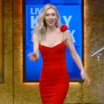 Vanessa Kirby’s red floral applique shoulder dress on Live with Kelly and Mark