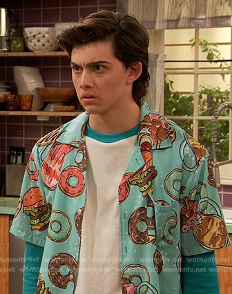 Neil's blue donut print shirt on Ravens Home