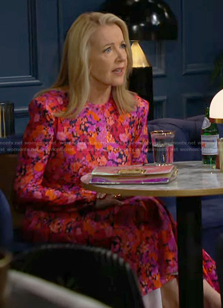 Nikki's red and pink floral midi dress on The Young and the Restless