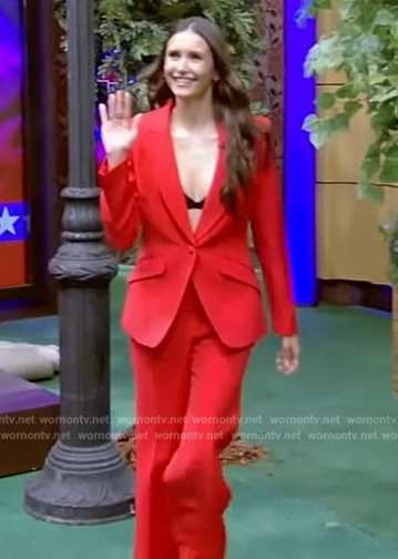 Nina Dobrev's red blazer and pants on Live with Kelly and Mark
