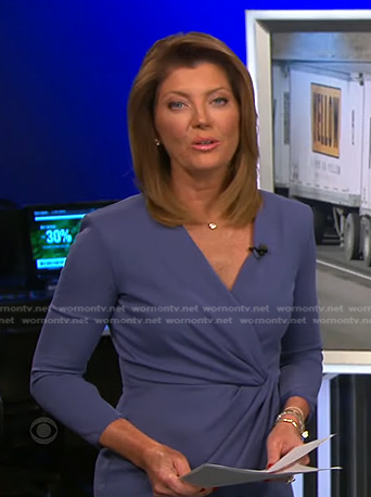 Norah’s blue draped surplice dress on CBS Evening News