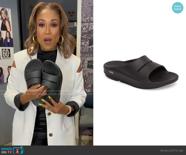 Oofos OOahh Slide Sandal worn by Val Warner on Good Morning America