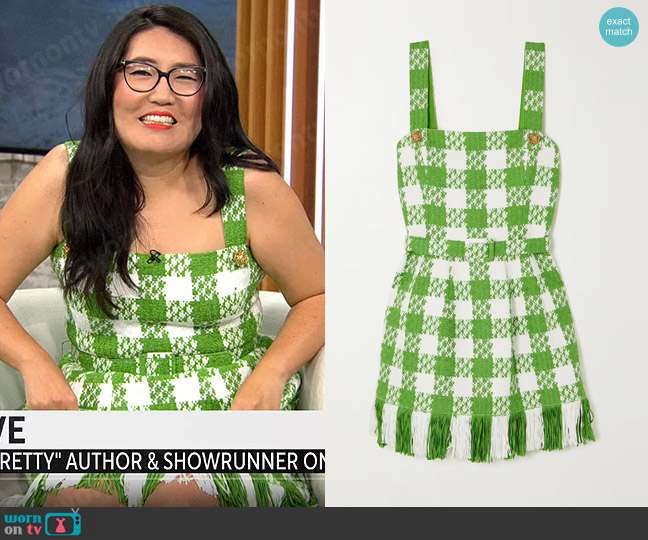 Oscar de la Renta Belted fringed checked cotton-blend tweed mini dress worn by Jenny Han on CBS Mornings