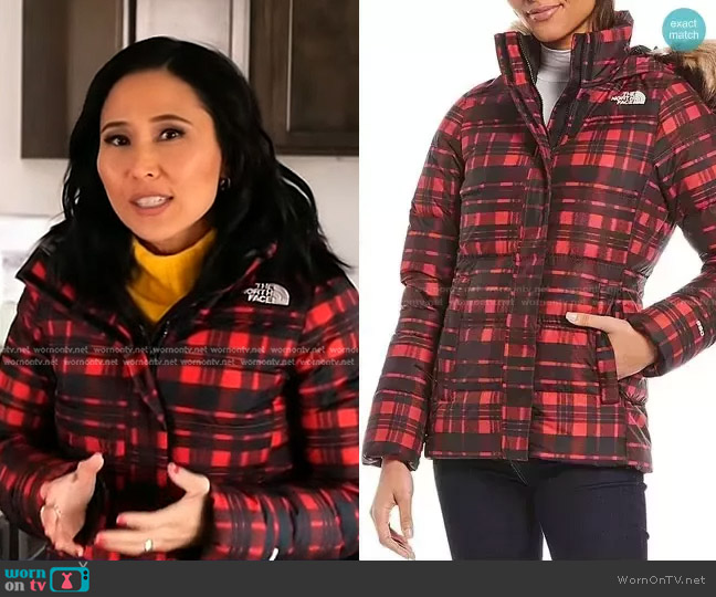 The North Face Gotham Zip Front Plaid Puffer Jacket worn by Vicky Nguyen on NBC News Daily