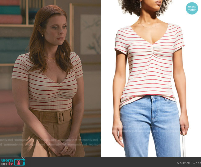 Paige Myrinne Striped V-Neck Top worn by Maddie Townsend (JoAnna Garcia Swisher) on Sweet Magnolias