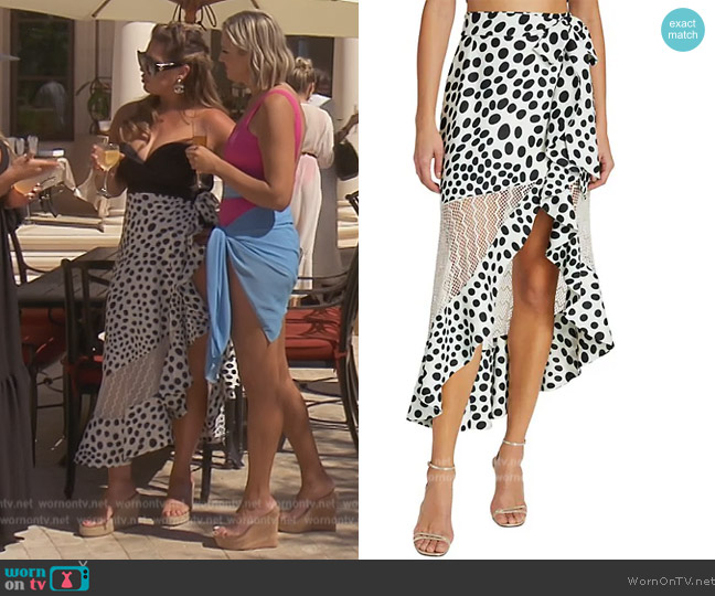 Patbo Bossa Polka Dot & Lace Midi Skirt worn by Emily Simpson on The Real Housewives of Orange County