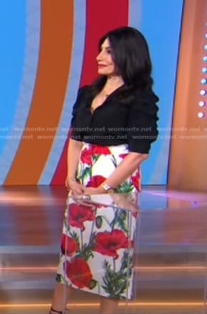 Pattie Ehsaei’s black blouse and poppy print skirt on Good Morning America