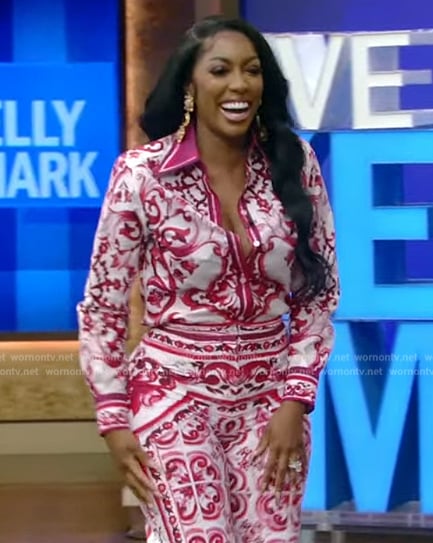 Porsha Williams' pink printed blouse and pants on Live with Kelly and Mark