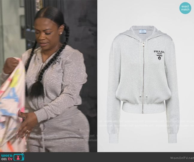 Prada Intarsia-logo knit lurex hoodie worn by Kandi Burruss on The Real Housewives of Atlanta