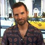 Preston Konrad’s blue paisley print shirt on Access Hollywood