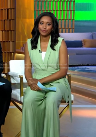 Rachel's light green vest and pants on Good Morning America