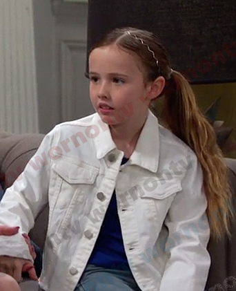 Rachel’s white raw hem denim jacket on Days of our Lives