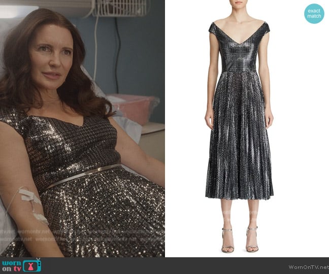 Ralph Lauren Fonda Metallic Glen-Plaid Dress worn by Charlotte York (Kristin Davis) on And Just Like That